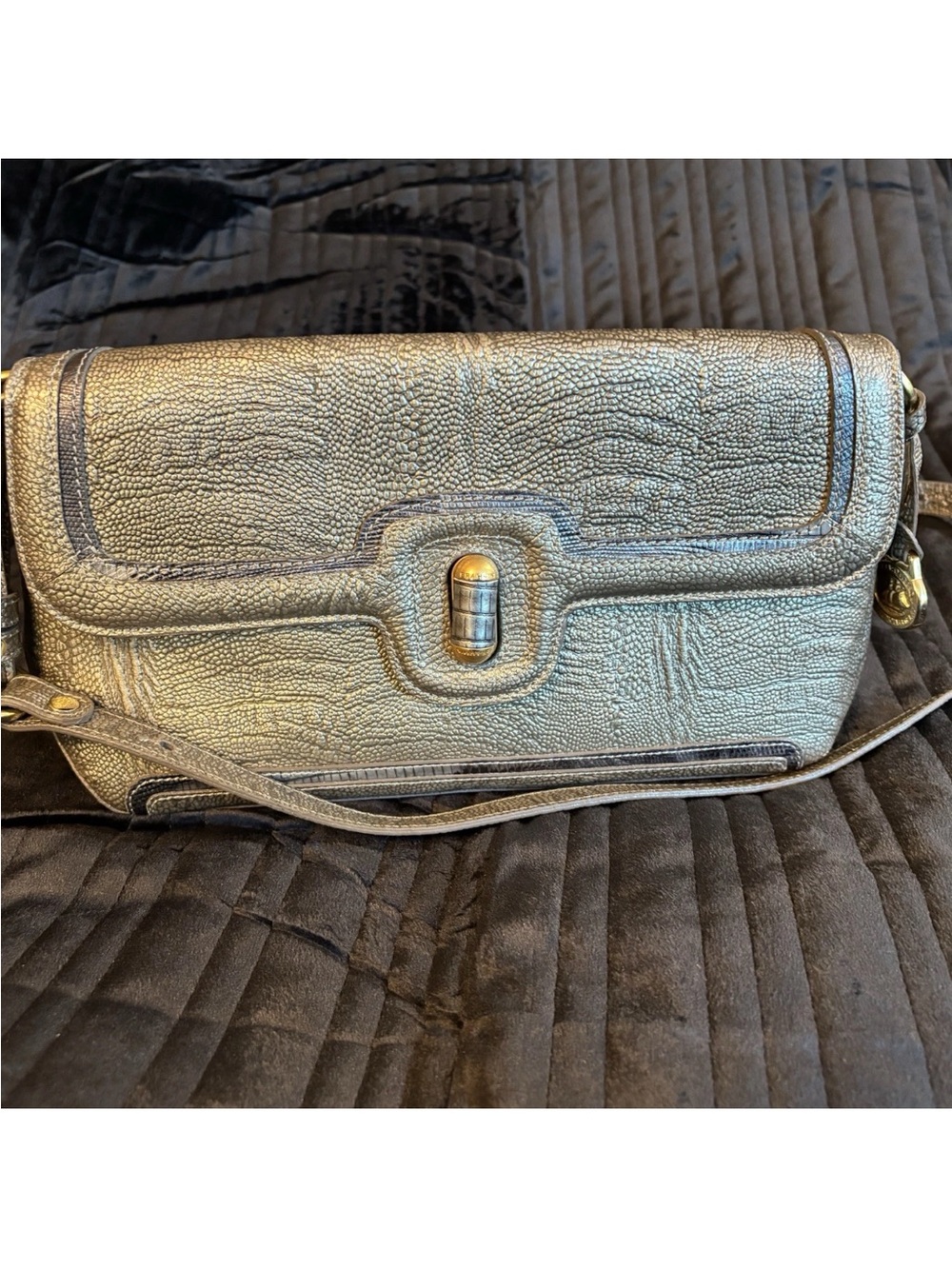Brahmin Pewter Metallic Croc Embossed Leather Crossbody Bag Gold-Toned Hardware